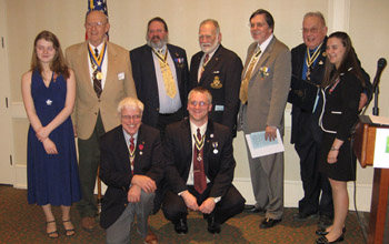 (back l-r) Kate Szewczyk, Past President, Bemis Heights Society, C.A.R.; Lew Slocum, PCP; Rick Saunders, PCP; Jim Hays, Jr., President, Valcour Battle Chapter, SAR; Dennis Marr, PCP and Past Empire State President; Bill Glidden, PCP and Lexi Zerrillo, President, Schuyler Society, C.A.R. and (front l-r) Duane Booth, PCP and Rich Fullam, President.  Note: PCP = Past Chapter President - Photo: Duane Booth