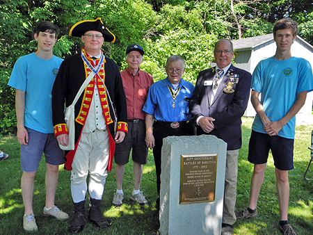 Chapter members braving the heat at the 15th Annual Citizenship Ceremony at Saratoga National Historical Park on July 4th, 2018. (L-R) Christopher Oxaal, President Douglas Gallant, Treasurer David Flint, Registrar Tom Dunne, Tim Mabee and Nicholas Oxaal.