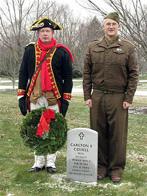 (l-r) Mike Companion and Rich Fullam pose with wreath laid at the grave of past chapter president Carlton E. Covell at December 11th Wreaths Across America Ceremony at Saratoga National Cemetery. - Photo courtesy of Rich Fullam