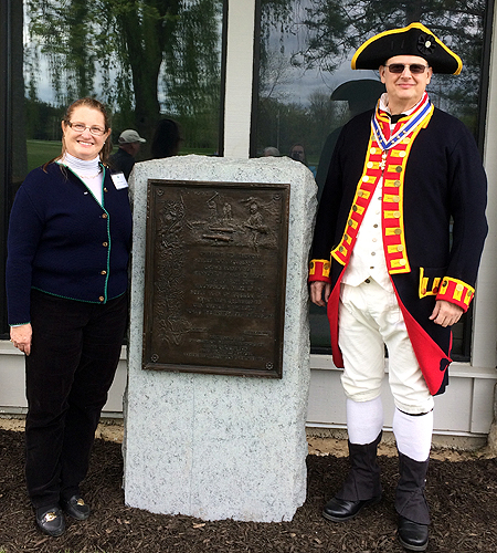 Saratoga DAR Regent Heather Mabee and Chapter President Douglas Gallant next to the newly installed and dedicated Knox Trail plaque at the Crown Point Historic Site on  May 13th, 2017. In 1926-27, a series of markers were erected along the route that Henry Knox used to transport cannons from Fort Ticonderoga to Boston in the winter of 1775-76. Later historical research revealed that some of the cannons actually came from Fort Crown Point so this marker now completes the Knox Trail. NSDAR Vice President Denise VanBuren initiated the project when she was NYSDAR Regent and was present at the dedication.