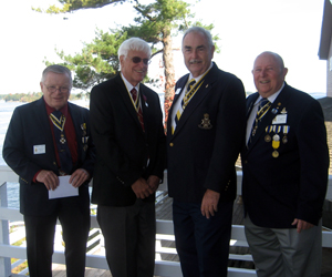 (L-r) Chapter President Tom Dunne, State Society President Duane Booth, Newly Elected Thousand Island Chapter President A. Parks Honeywell and State Society VP Capital Region J. Brian Fitzpatrick at the Bonnie Castle Resort, in Alexandria Bay, NY on October 02, 2014.  The happy occasion was the Thousand Islands Charter Celebration Day with over 40 members and guest attending; Saratoga Battle for the third time was the sponsor of a new chapter.  Parks will continue as a Dual Chapter Member in the Saratoga Battle Chapter.          