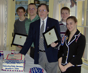 (l-r) Brandon Hare, Society Vice President, Rich Fullam, President Saratoga Battle Chapter, SAR, Dennis F.M. Marr, Past President Saratoga Battle Chapter, SAR and Director of Rhodes Memorial Fund, Inc. Ryan Hare, Society Recording Secretary and Lexi Zerrillo, Society President