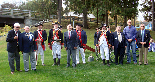 After The Wreath Laying (L-R) Duane Booth, President, Empire State Society - Joe Fitzpatrick, V-P Capital Region, Empire State Society - Mike Skelly and Michael Companion, members of Saratoga Battle Chapter and 2nd Continental - John Sheaff, President Walloomsac Battle Chapter - Brian Companion, 2nd Continental - Peter Hormell member of Saratoga Battle Chapter and 2nd Continental - Tom Dunne President Saratoga Battle Chapter, Daniel Franklin and Pat Festa, Saratoga Battle Chapter - Photo: Thomas Dunne