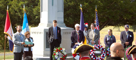 (l-r) President Africa, Saratoga Chapter; NSDAR Regent Corrine Sirocco; Schuyler Society C.A.R. President Ryan Hare; ESSSAR V-P Capital Region Duane Booth; Past ESSSAR President Dennis F. Marr; Heather Mabee, Vice-Regent Saratoga Chapter, NSDAR; Virginia Society President Henry P. Williams.  Missing from photo are 1st V-P & Registrar Thomas Dunne and Chapter Member Patrick J. Festa. - Photo: Joyce Armstrong