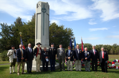 (l-r) Re-enactor with the New York Continental Line, SAR Douglas Reynolds, Chapter Treasurer Douglas Gallant, VPG North Atlantic District, NSSAR Col Peter Goebel, Chapter President Thomas Dunne, Past Chapter President Richard Fullam, Past ESSSAR President Dennis Marr, Chapter 1st VP George Malinoski, Past President Vermont Society, SAR Tim Mabee, VP Capital Region Joseph "Brian" Fitzpatrick, SAR Ford Oxaal, SAR Stephen Coye